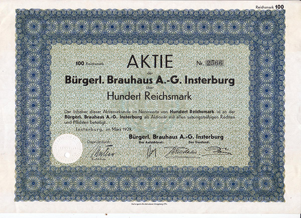 Aktie Bürgerliches Brauhaus Insterburg